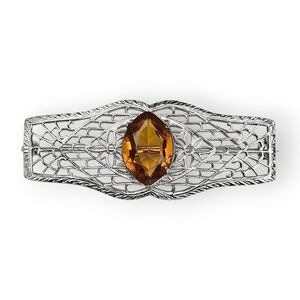 Antique Art Deco Amber Glass Brooch Flower Bar Rhodium Plated Filigree 1910s 20s